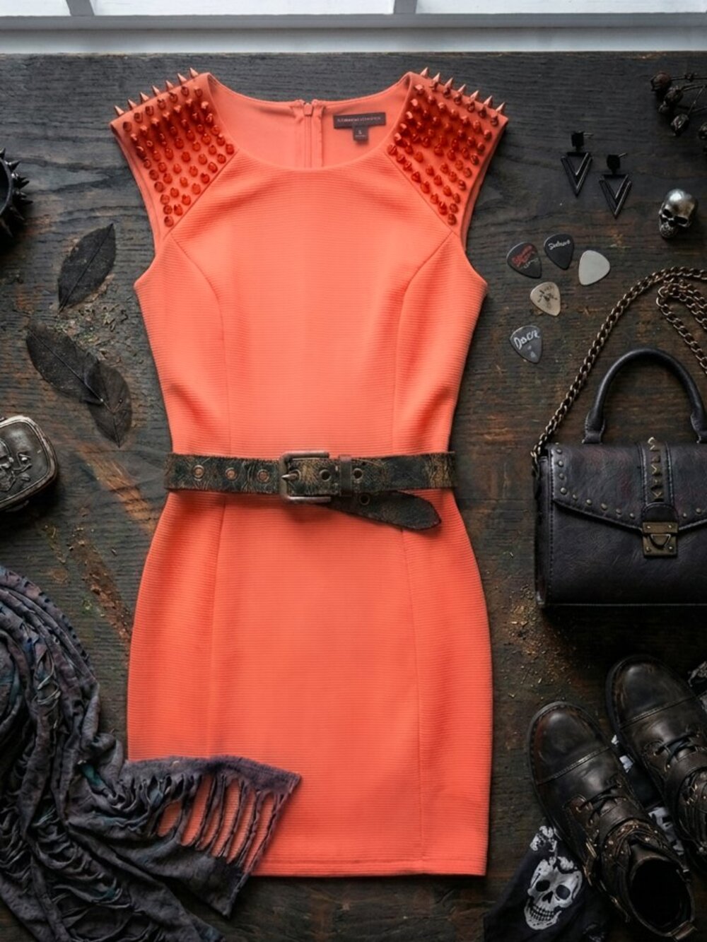 Coral Bodycon Midi Dress with Gold Spiked Studded Shoulders
